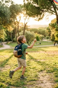 Niño jugando al aire libre después de utilizar dispositivos digitales