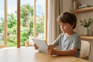 Niño utilizando una tablet mientras mantiene hábitos saludables de uso de pantallas