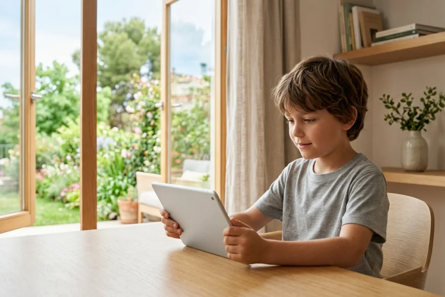 Niño utilizando una tablet mientras mantiene hábitos saludables de uso de pantallas