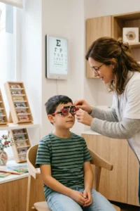 Optometrista realizando una prueba visual a un niño durante una revisión ocular