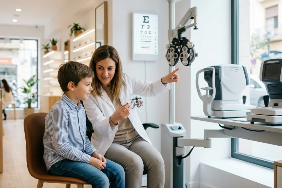 Niño realizando una revisión visual para detectar problemas de visión infantil