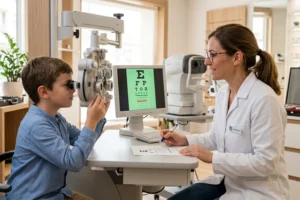 Niño realizando una valoración visual para detectar y controlar la miopía infantil