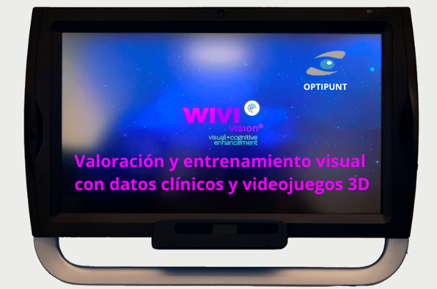 Pantalla de ordenador mostrando WIVI Vision, el hardware utilizado en la valoración y entrenamiento visual a través de datos clínicos y videojuegos en 3D