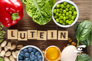 Variedad de alimentos ricos en luteína incluyendo espinaca, col rizada, maíz, yemas de huevo, y frutas