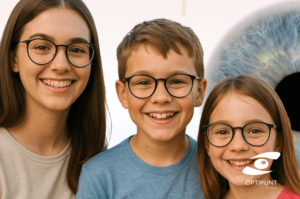 Tres niños felices con gafas nuevas – ayuda gafas niños en Optipunt Figueres