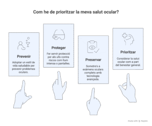 Infografía sobre cómo priorizar la salud ocular con cuatro acciones clave