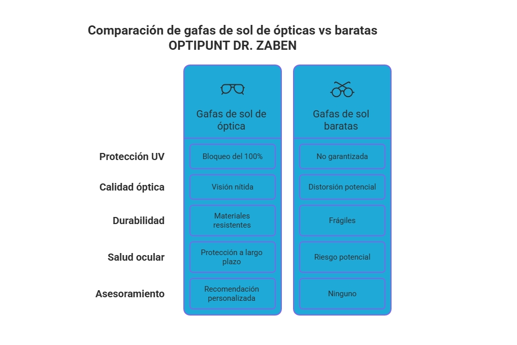 Gráfico explicando cuáles son las diferencias entre unas gafas de sol homologada de óptica versus las baratas