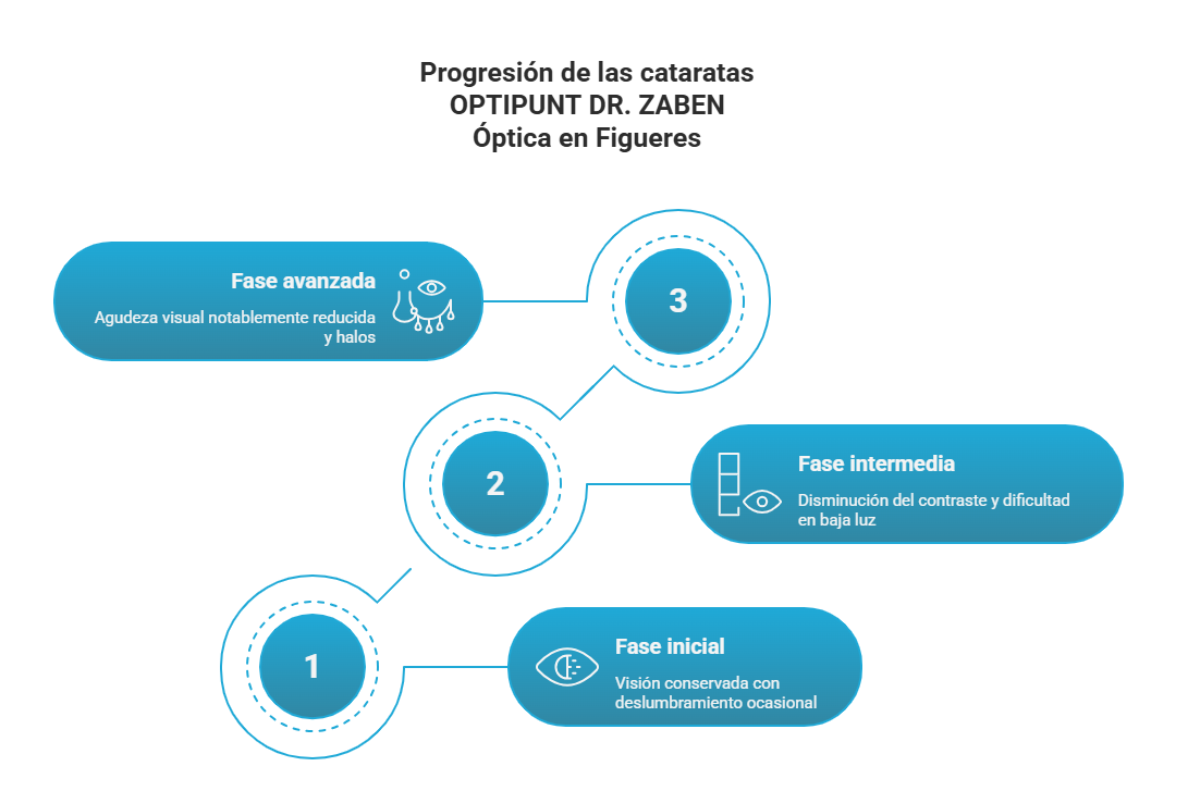 Gráfico explicando las 3 fases de evolución de las cataratas