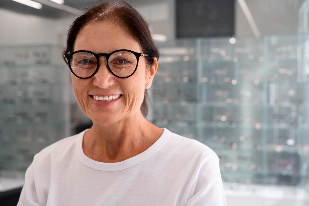 Mujer española de 55 años usando gafas progresivas personalizadas en Figueres