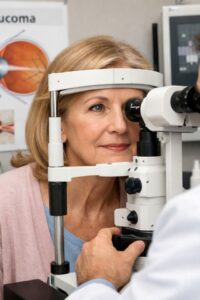 Mujer de 60 años pasando consulta con optometrista de Optipunt para control de glaucoma