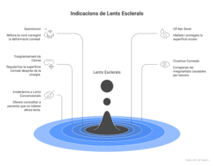 Indicaciones de lentes esclerales para queratocono, ojo seco severo, cicatrices corneales y trasplante de córnea