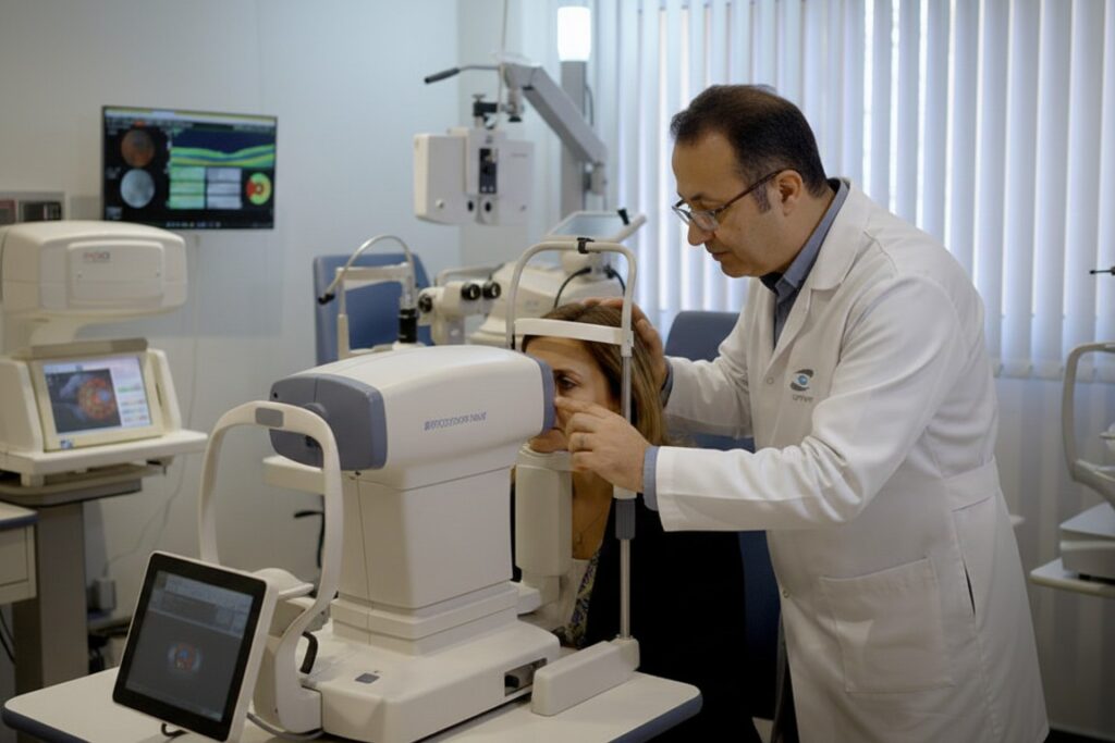 Paciente realizando examen de la vista en Figueres con tecnología avanzada en Optipunt