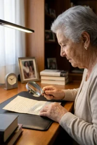 Persona mayor utilizando una lupa para leer un documento