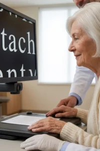 Optometrista mostrando un sistema electrónico de ampliación para baja visión